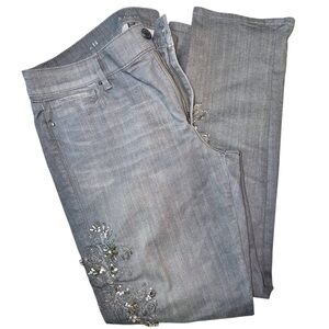 White House Black Market Classic-Rise Scroll-Embellished Slim Gray Jeans